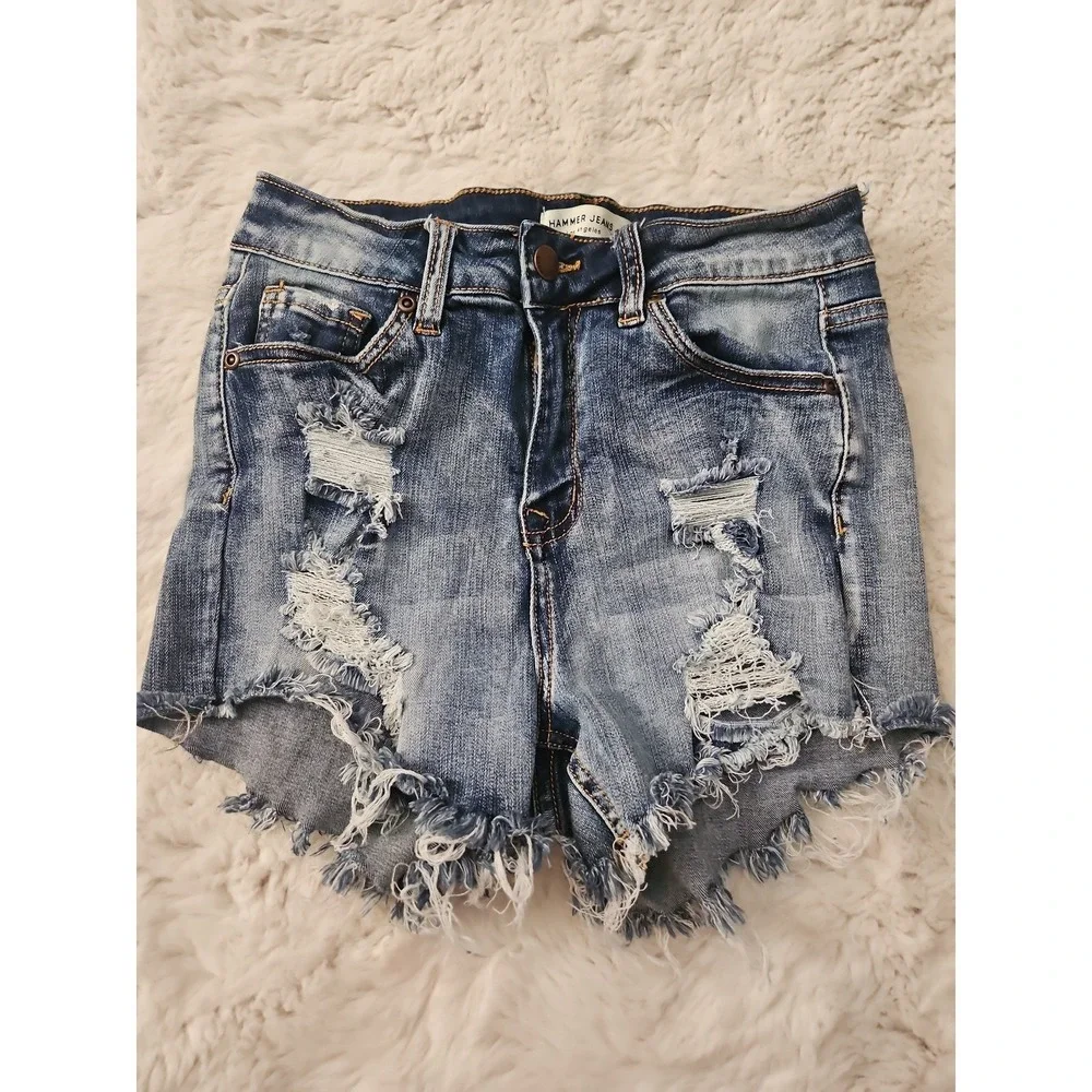 Hammer Jeans High Waisted Denim Shorts Womens Size M Blue Destroyed Frayed Hem